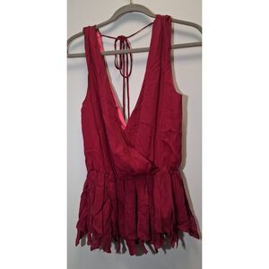 Alice Olivia women small 100% silk blouse plum wine cranberry fringe top peplum